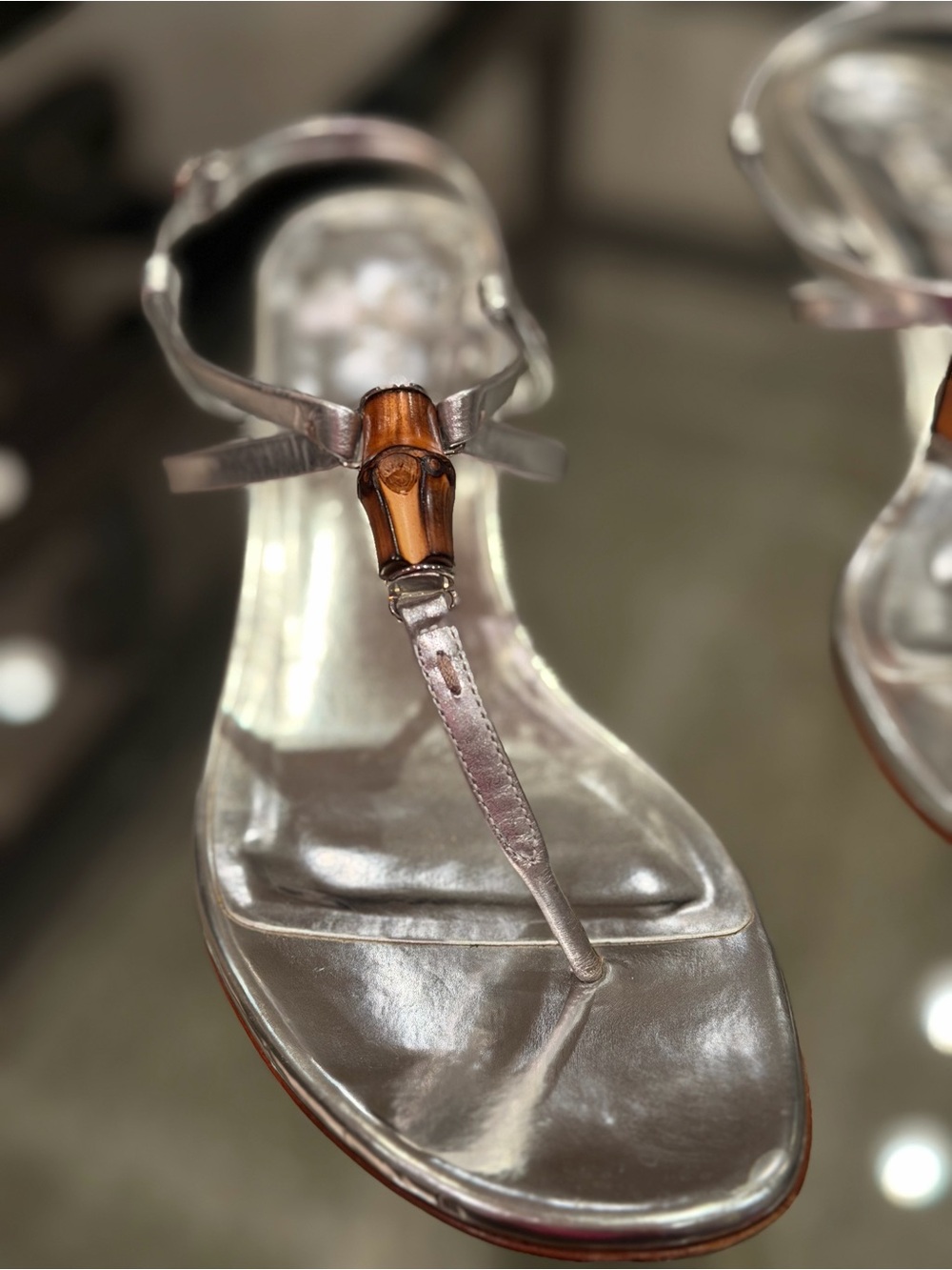 Women’s GUCCI Silver T-Strap Sandals with Bamboo